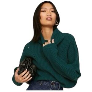 Thakoon Designer Cropped Turtleneck Sweater 100% Merino Wool Green Chunky Knit M
